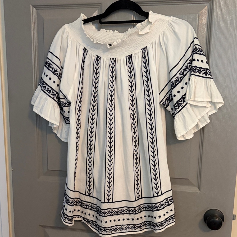 White Embroidered Peasant Top with Navy Detailing. Impeccable Pig